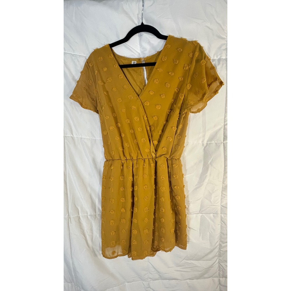 ANGA Mustard Yellow Swiss Dot Flutter Sleeve Faux Wrap Romper‎ Women's Medium